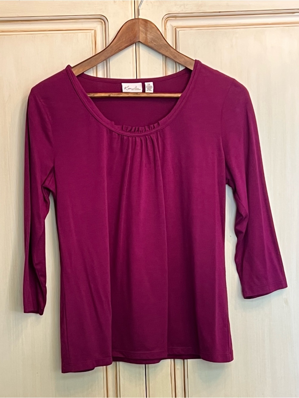 Kim Rogers Petite PM Magenta Scoop Neck 3/4 Sleeve Pleated Front Top Workwear